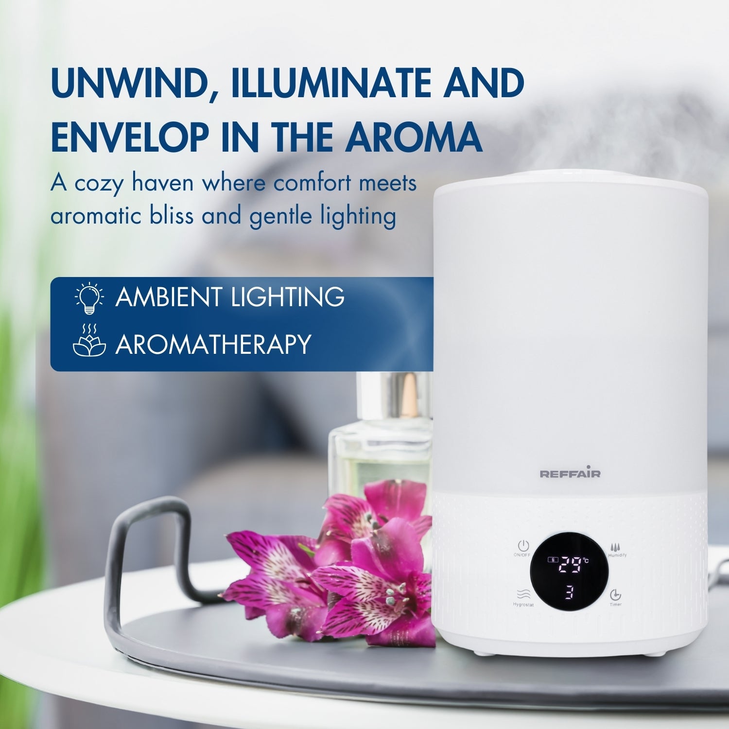 Reffair Caligo 70 Plus Smart Cool Mist Ultrasonic Humidifier for Bedroom, Top-Fill, Essential Oil Diffuser