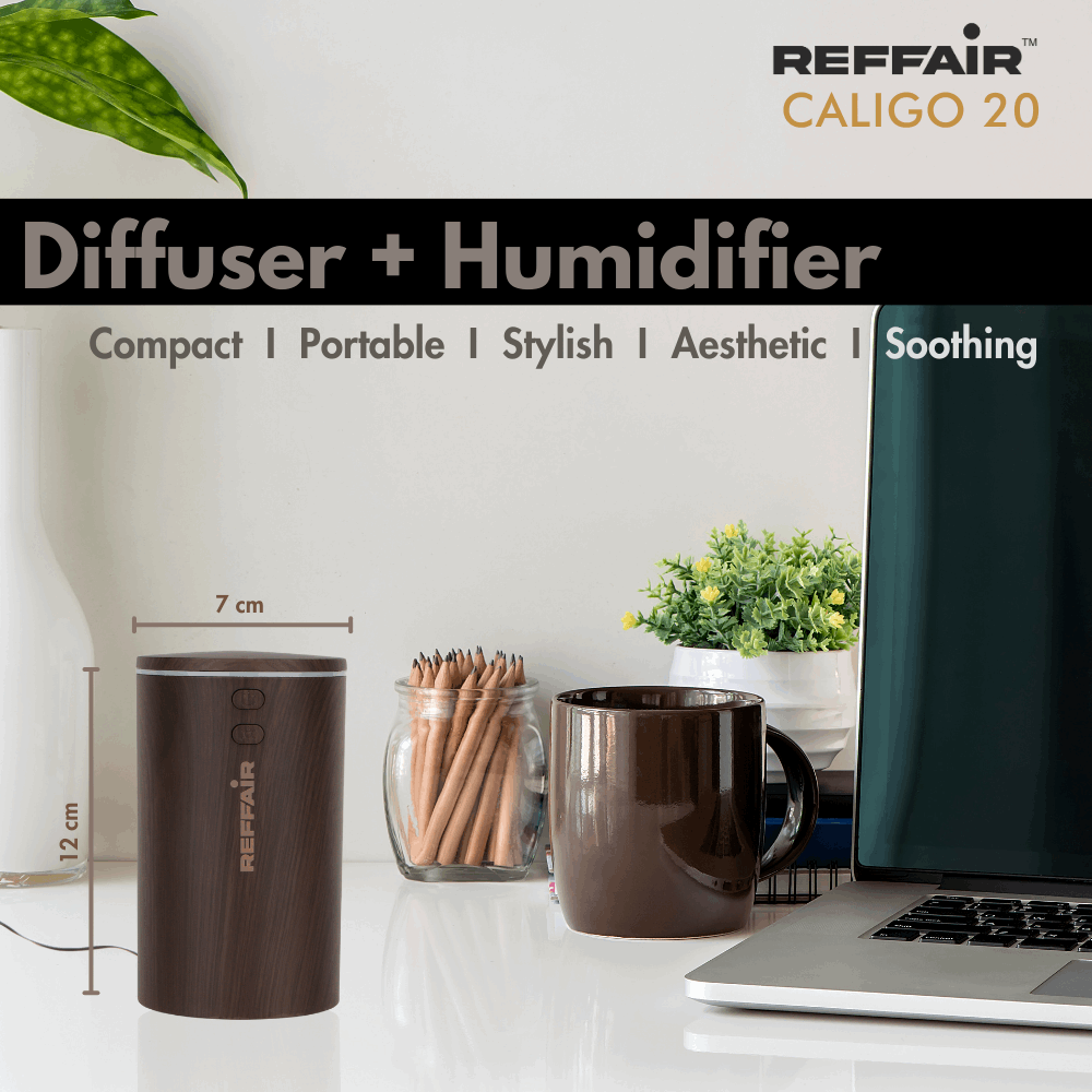 Reffair Caligo 20 Car Aromatherapy Essential Oil Diffuser | Portable Mini Ultrasonic Mist Humidifier | 100ml USB-Powered | Aroma Diffuser Freshener for Vehicle Home Office Bedroom(Brown)
