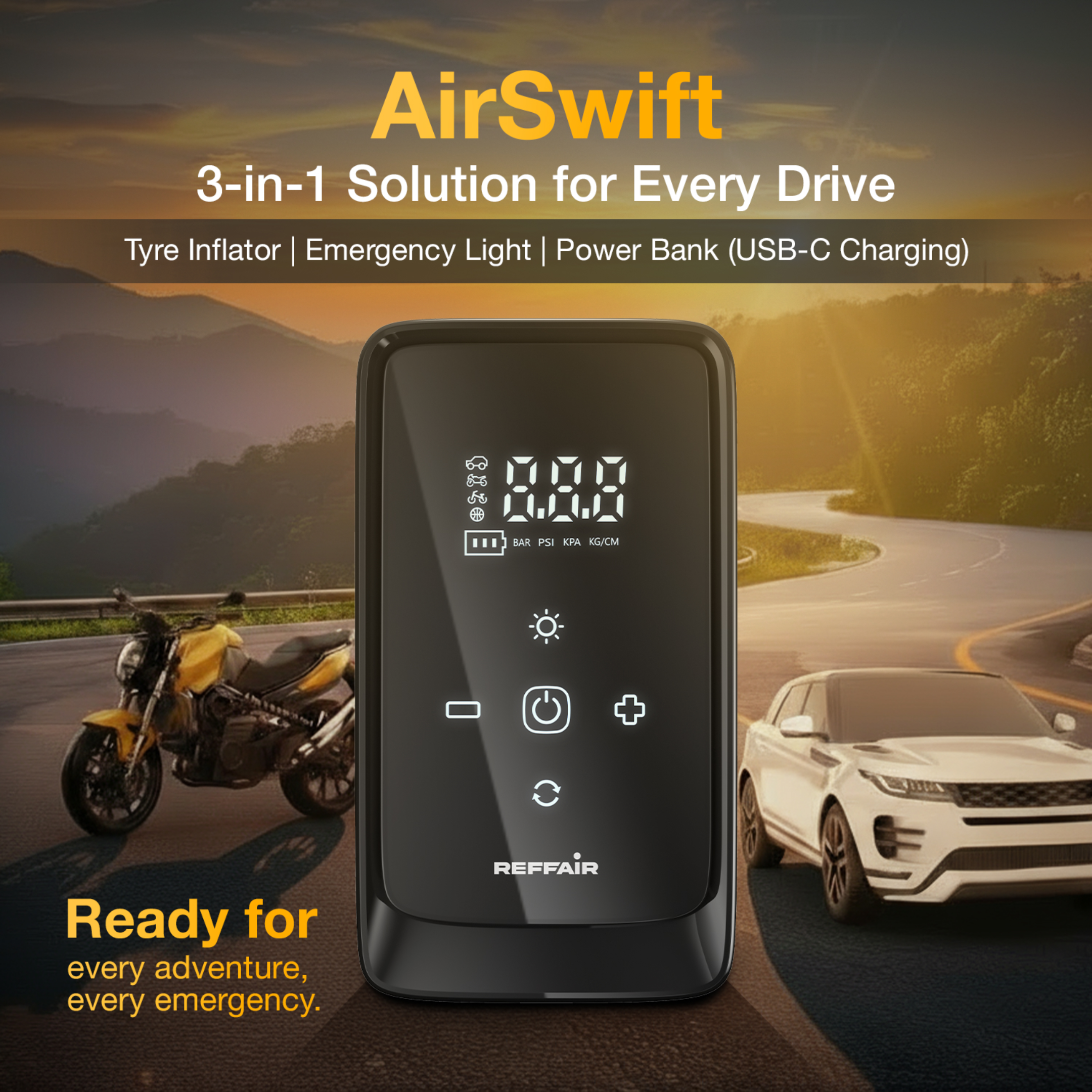AirSwift AS70 Multifunctional Air Compressor, 4500 mAh Battery, DC12V Socket Compatible, automatic pressure detection, Intelligent Digital Display