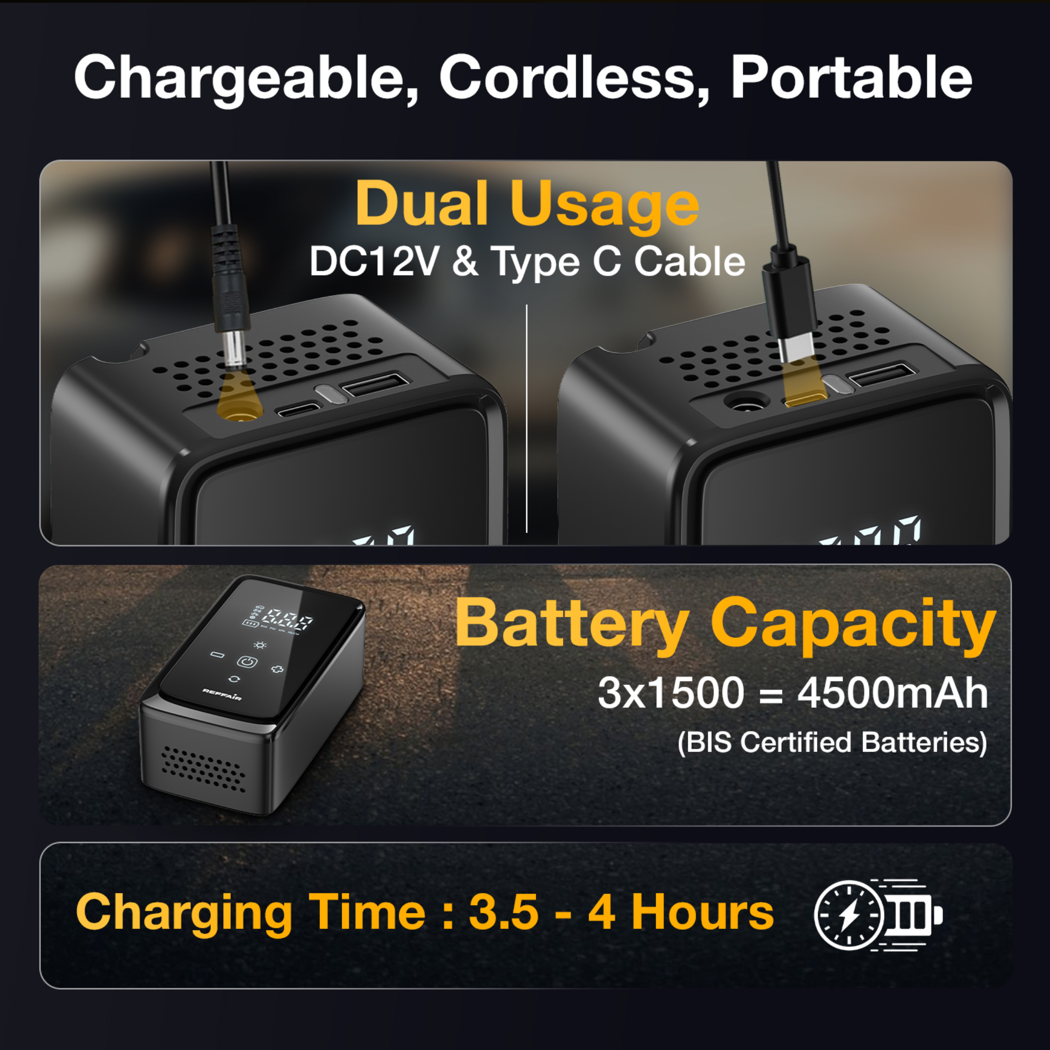 AirSwift AS70 Multifunctional Air Compressor, 4500 mAh Battery, DC12V Socket Compatible, automatic pressure detection, Intelligent Digital Display