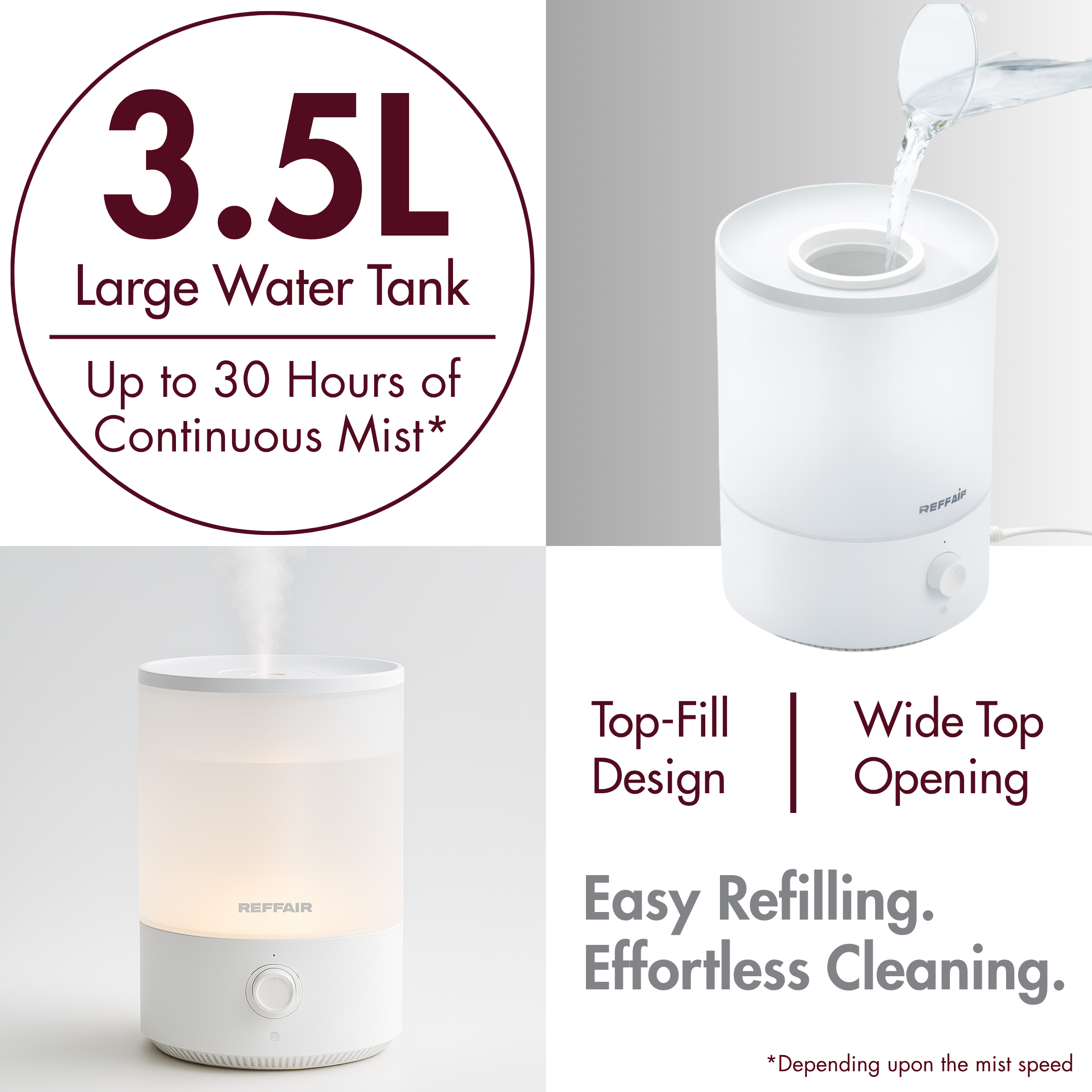 Reffair Caligo 200 Ultrasonic Cool Mist Humidifier | 3.5L Top Fill Tank, Aromatherapy Function, Soothing Night Light, Quiet Operation, Auto Shut-Off, Air Humidifier for Bedroom, Baby & Office