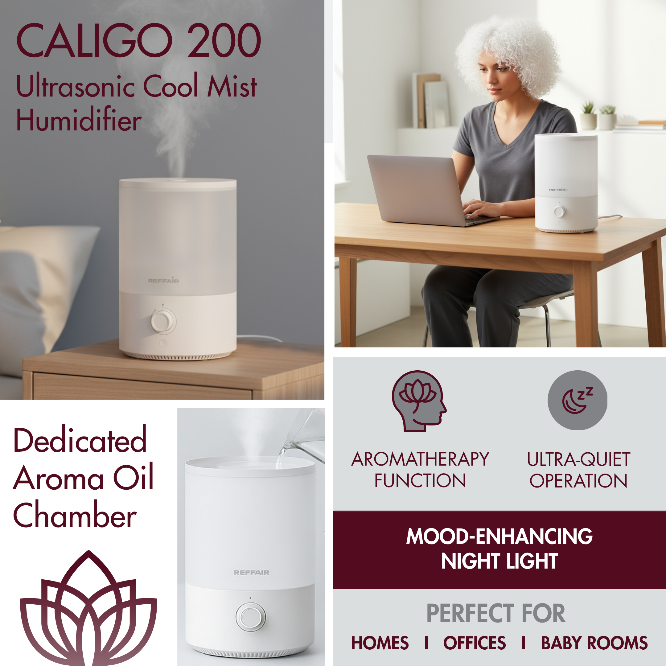 Reffair Caligo 200 Ultrasonic Cool Mist Humidifier | 3.5L Top Fill Tank, Aromatherapy Function, Soothing Night Light, Quiet Operation, Auto Shut-Off, Air Humidifier for Bedroom, Baby & Office