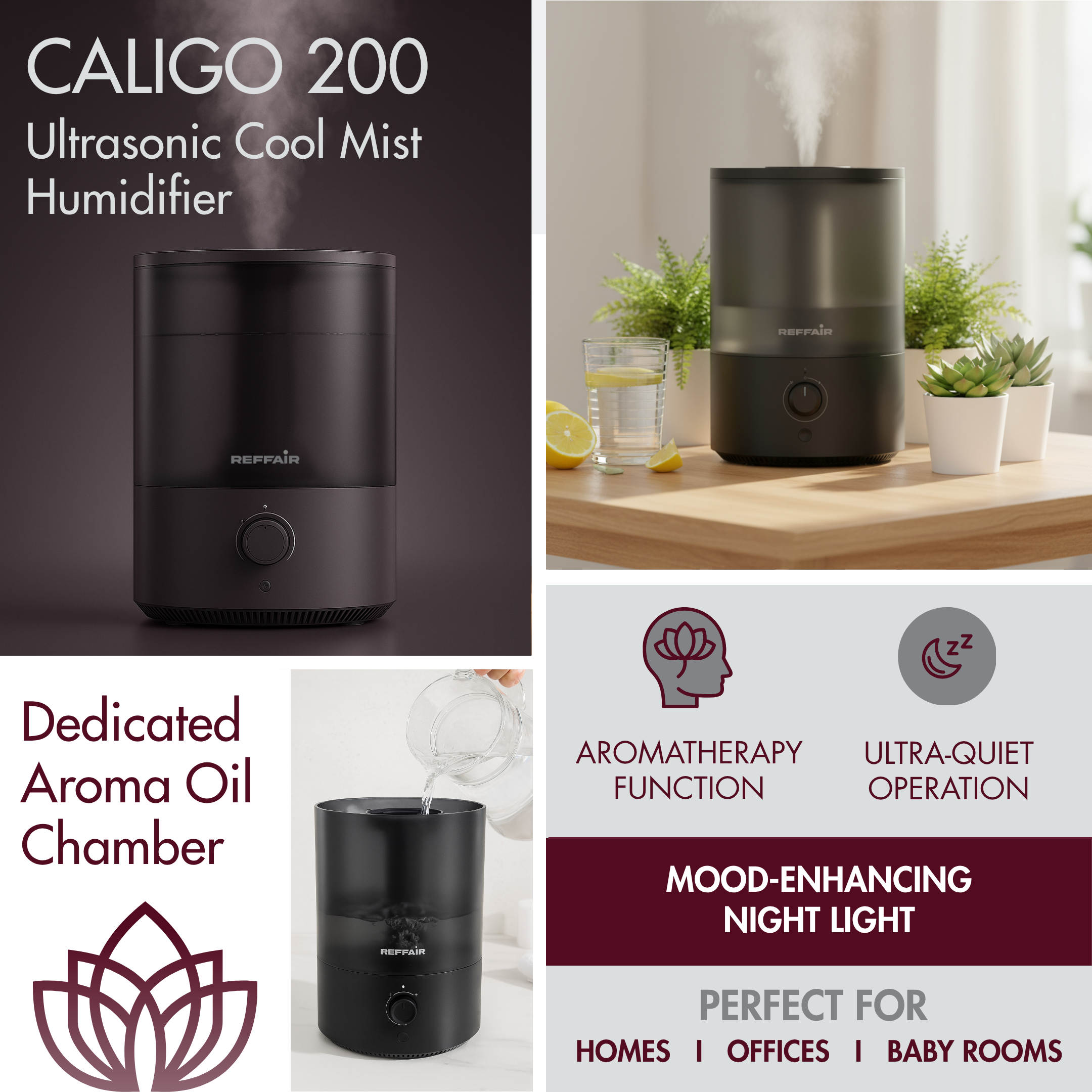 Reffair Caligo 200 Ultrasonic Cool Mist Humidifier | 3.5L Top Fill Tank, Aromatherapy Function, Soothing Night Light, Quiet Operation, Auto Shut-Off, Air Humidifier for Bedroom, Baby & Office