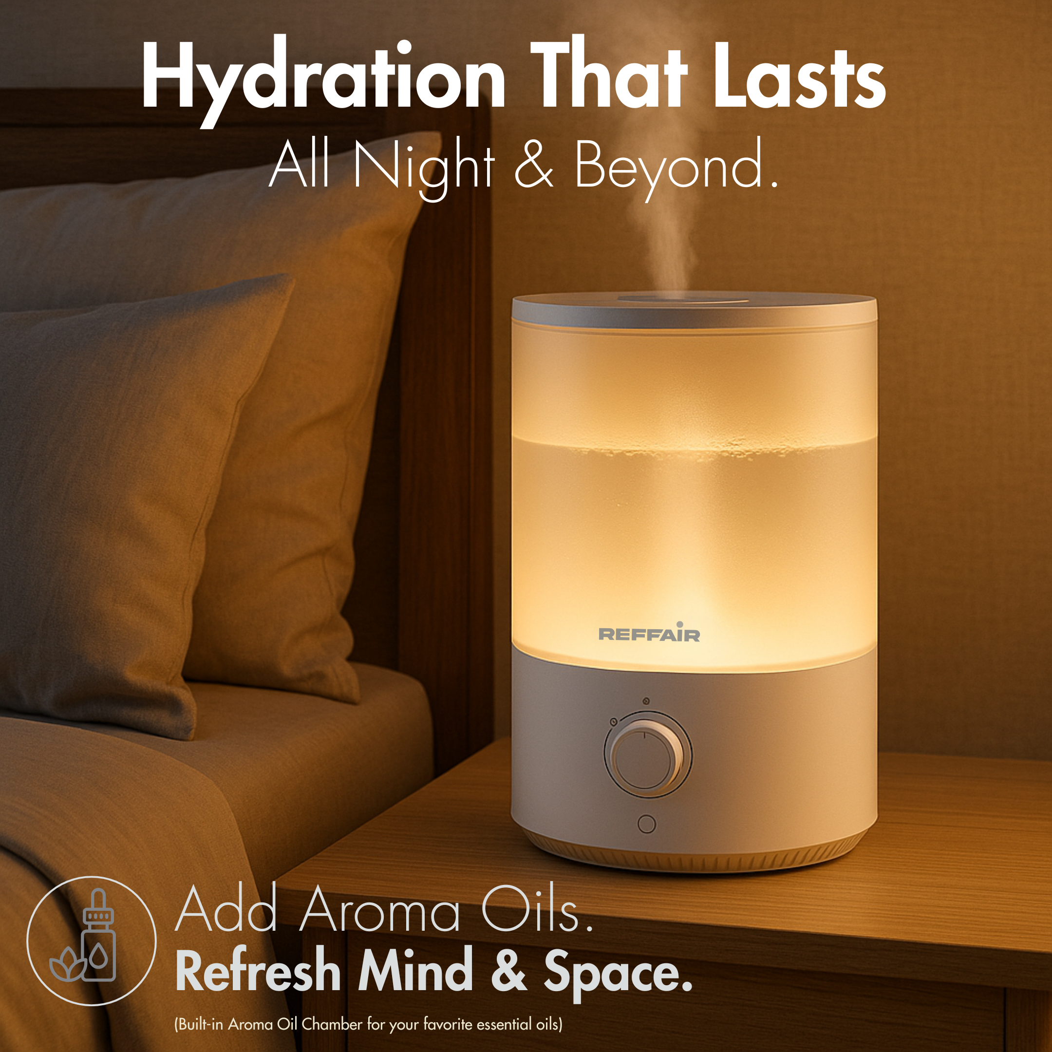Reffair Caligo 200 Ultrasonic Cool Mist Humidifier | 3.5L Top Fill Tank, Aromatherapy Function, Soothing Night Light, Quiet Operation, Auto Shut-Off, Air Humidifier for Bedroom, Baby & Office