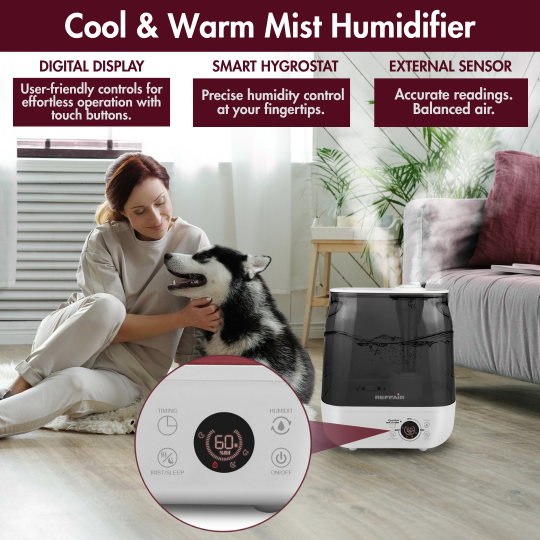 Reffair Caligo 700 Ultrasonic Humidifier 6L – Cool & Warm Mist | Large Room Humidifier with Touch Panel, Hygrostat + External Sensor, Aroma Diffuser, Silent Sleep Mode, Auto Shut-Off & 12H Timer (Up to 400 Sq Ft)