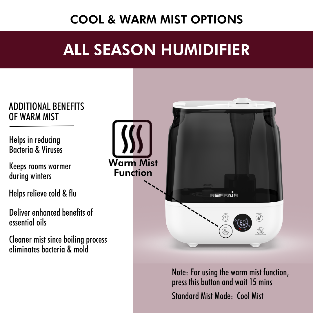 Reffair Caligo 700 Ultrasonic Humidifier 6L – Cool & Warm Mist | Large Room Humidifier with Touch Panel, Hygrostat + External Sensor, Aroma Diffuser, Silent Sleep Mode, Auto Shut-Off & 12H Timer (Up to 400 Sq Ft)