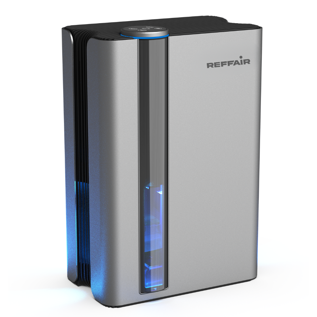 Reffair Dehumidifier DX50 I Energy-efficient 85W I Rate of up to 1000 ml/day I Large 2.4L water tank I Negative Ions, Silent mode, Auto shut-off I Covers 250 ft² I Effortless laundry drying