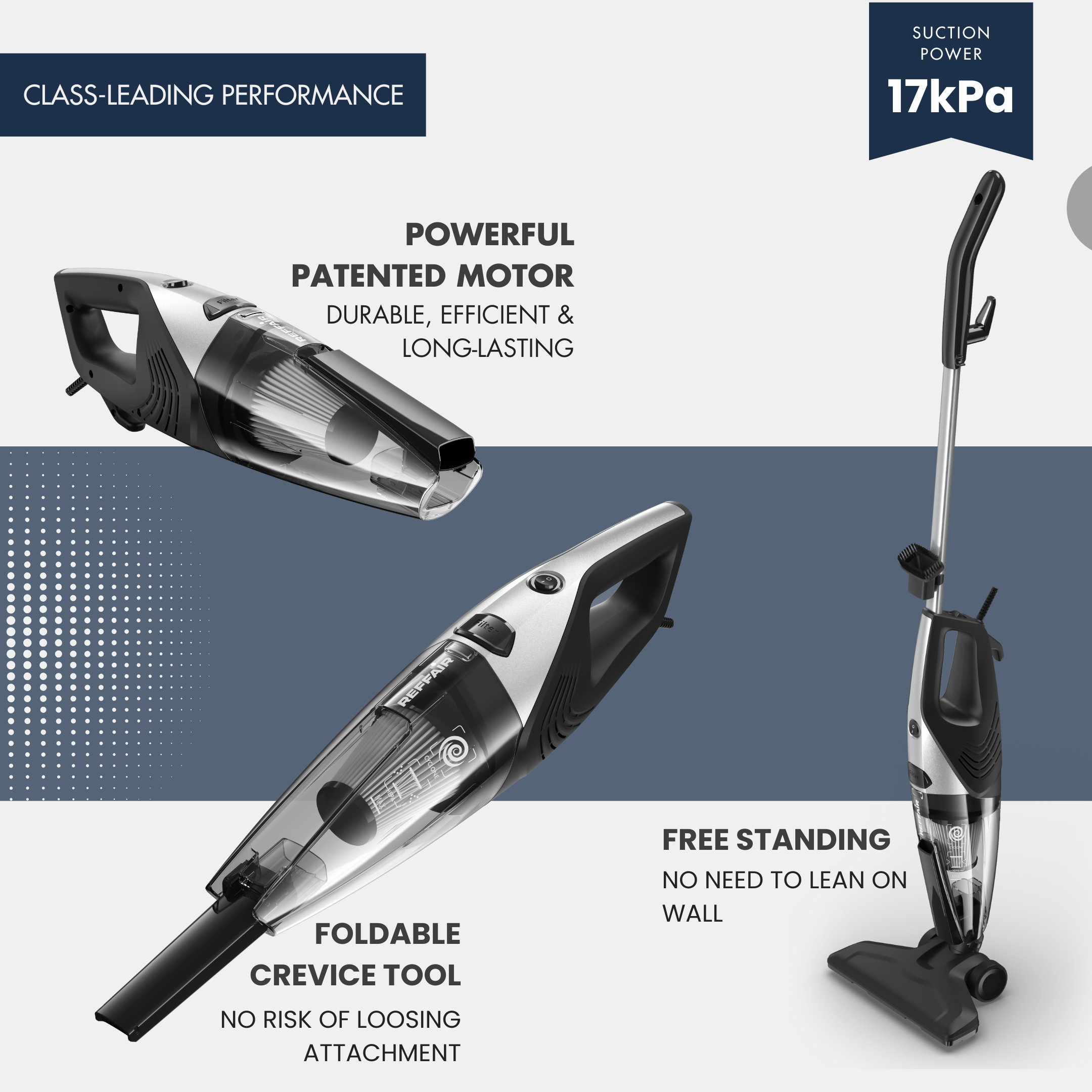 Reffair Cleanjet 1000W Handheld Vacuum Cleaner for Home Use, 17 kPa Suction, Cyclone 10 Technology, High-Performance Motor, Lightweight (Silver Grey)