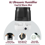 Reffair Caligo 700 Ultrasonic Humidifier 6L – Cool & Warm Mist | Large Room Humidifier with Touch Panel, Hygrostat + External Sensor, Aroma Diffuser, Silent Sleep Mode, Auto Shut-Off & 12H Timer (Up to 400 Sq Ft)