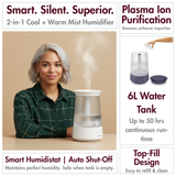 Reffair Caligo 900 Ultrasonic Humidifier 6L Cool Warm Mist with Plasma Ion Purification, Smart Humidistat, Top Fill Design, Auto Shut Off — Premium Home Air Humidifier